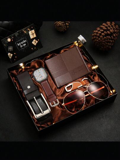 7 件套男士时尚经典礼盒套装，包含手表、钱包、理发器、眼镜、钥匙扣、氛围 LED 灯、贺卡和礼盒，是生日、父亲节及日常佩戴的完美礼物。