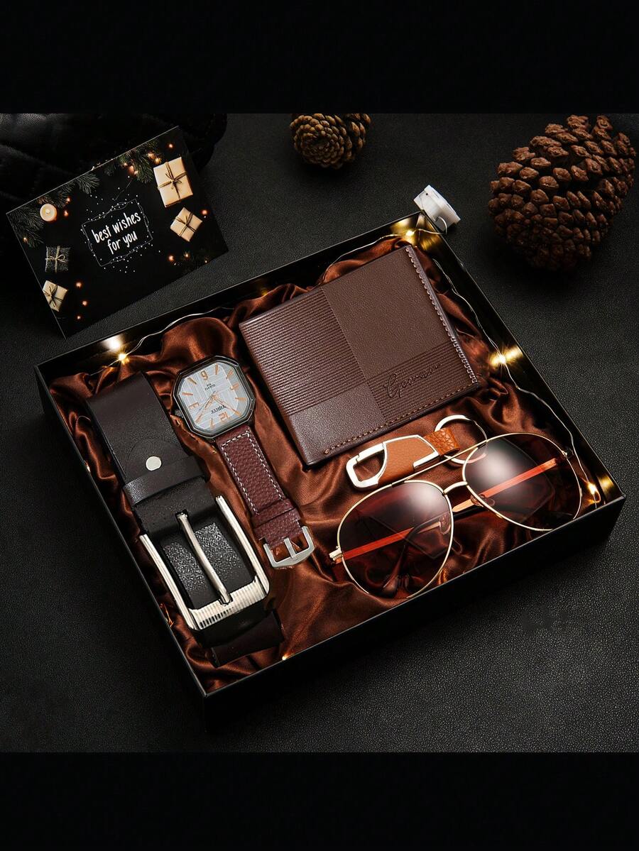 7-Piece Men's Fashion Classic Gift Set, Includes Watch, Wallet, Hair Trimmer, Glasses, Keychain, Atmosphere LED Light, Greeting Card & Gift Box, Perfect Birthday, Father's Day Gift And Daily Accessories - Brown - View 1