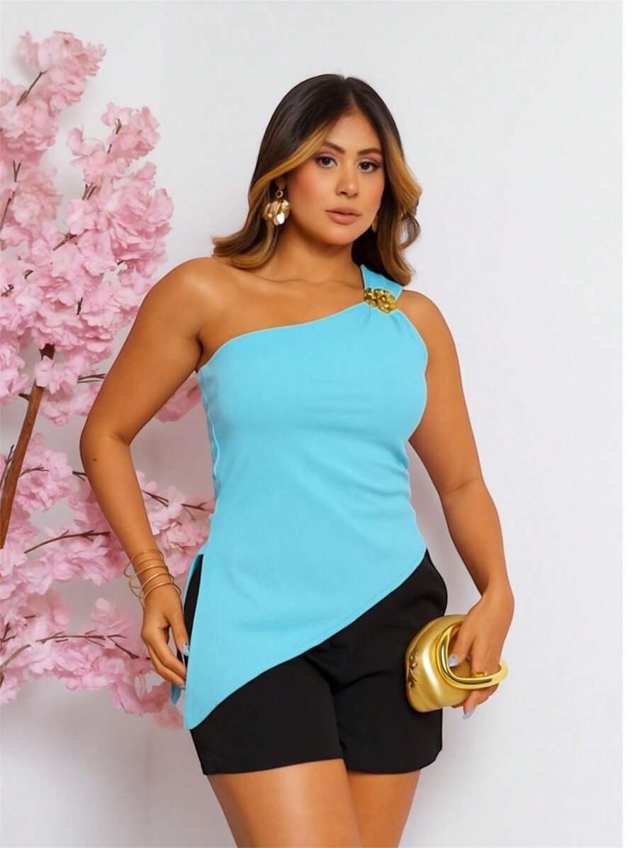 Women's One Shoulder Tank Top With Flower Buckle Summer Fashion Stylish - 淺藍色 - 查看 1