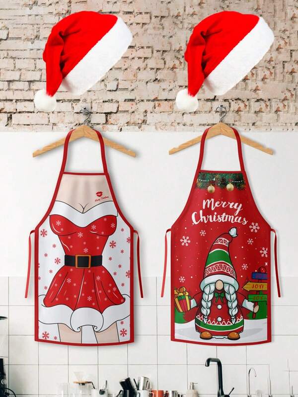 2 Pieces Of Christmas Aprons + Christmas Hats. Christmas Apron, Santa Claus Style, Home Kitchen Apron, Christmas Supplies, Ladies' Style/Men's Style. Christmas. Christmas Decorations. Santa Hat, Santa Claus Hat. Large Adult Apron (27.55in/19.68in), Kitchen Baking And Food-Making Protective Apron (Please Note That The Product May Have Color Differences Due To Shooting Pixels And Lighting Issues, But This Does Not Affect Normal Use.)