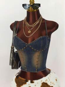 Amplova Women's Halter Neck Spaghetti Strap Backless Criss-Cross Zipper Back Casual Denim Blouse, Y2k Clothes Women - Dark Wash - View 3