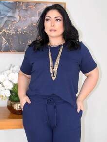 Women's Plus Size Knit Sweatshirt Set, Blouse And Simple Pants, Knitted Fabric, Pocket Set, Holiday Vacation, Daily Home, Travel, Summer - 藏蓝色 - 查看 3