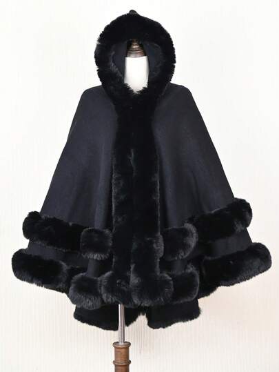 1pc Solid Color Hem Double-Layer Faux Fur Trim Acrylic Hooded Cape Shawl, Casual Elegant Party Wear, Autumn/Winter