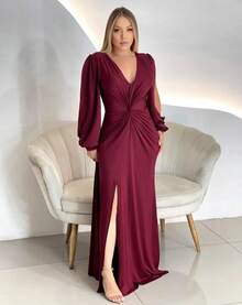Long Sleeve Dress With Fluity Slit And V-Neckline - 紅木色 - 查看 2