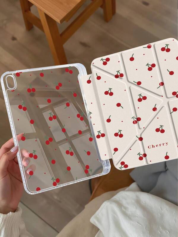 Simple Cherry Y-Shaped Folding Dual-Sided Sprayed Acrylic Transparent Crystal Tablet Case Compatible With Samsung Tablets Pad Mini6/7/9.7/10.2/10.5/10.9/12.9/Pro 11, 10th Generation, Protective Cover Supports Multi-Angle Adjustment, Six Ways To Place The Bracket, Built-In Pen Slot,Transparent Back Cover, Anti-Drop Protection, Automatic Wake/Sleep