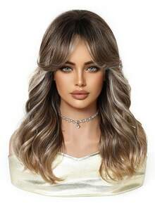 Brown Highlight Synthetic Wig With Bangs, Dark Brown Long Wavy Layered Wig, Suitable For Women's Daily Party Cosplay Wig 20 Inch,For Women Girls Natural Looking Daily Party Cosplay Halloween Wigs For Halloween And Christmas New Year Carnival Music Festival Cosplay ,Gifts For Girls,Summer Graduation Gifts,Ready-Made Gifts,Halloween Christmas Gifts - 挑染棕色 - 查看 3