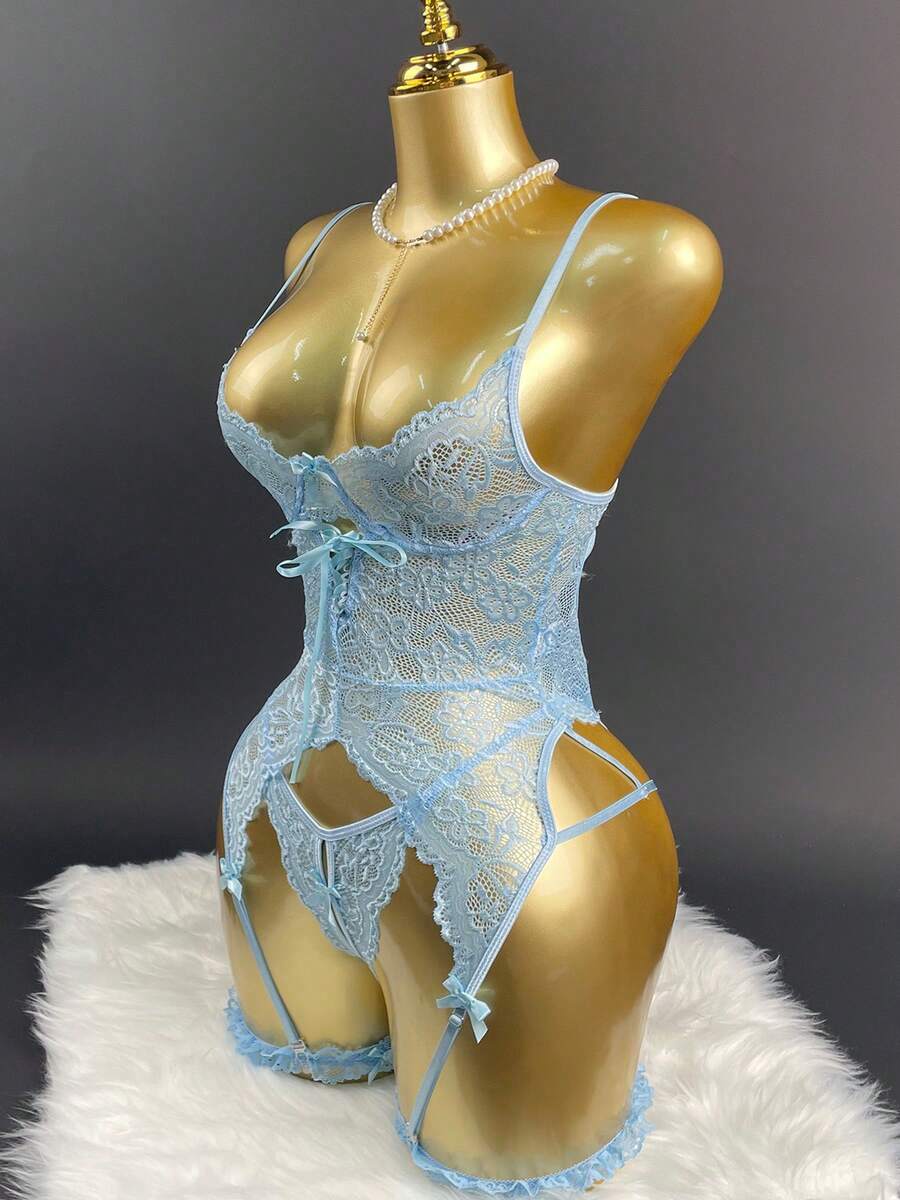 3 Pcs Women's Sexy Lingerie Set - Floral Lace Backless Nightgown With Garter Belt, Satin Bow & Ruffle Thigh Cuffs, V-Neck Bra & Thong, Seductive Bedroom Sleepwear For Valentine's Day Theme Parties, Romantic Shapewear Gift - 淺藍色 - 查看 1