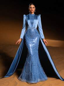 Faeriesty 优雅晚礼服，小巧的半高领设计，公主风侧拖尾，美人鱼式珠饰亮片点缀，适合婚礼招待会及女士正式派对穿着。 - 霧霾藍 - 查看 7