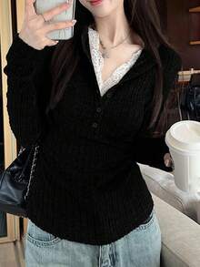 2-In-1 Fleece Knit Undershirt For Women, Fitted Lace Trim Crop Top, Autumn/Winter - Black - View 4