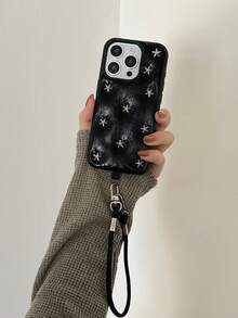 Étui de téléphone  noir premium 3D avec étoile argentée compatible avec l'iPhone 16 Pro Max, l'iPhone 15 nouvelle version 16 Pro avec dragonne, design minimaliste pour l'iPhone 14 Pro Max, l'iPhone 13, couverture complète