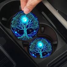 Tree Of Life Car Coaster-Set Of 2, Blue Glowing Tree Design Rubber Coasters, Washable Car Accessories, Car Cup Holder-Spiritual Lake View Home Decoration