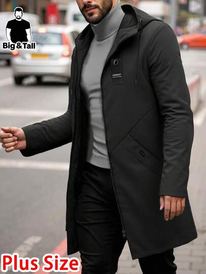 Plus Size Men's Mid-Length Windbreaker Jacket, Hooded With Drawstring, Fashionable Casual Solid Color Versatile, Suitable For Spring/Autumn, Daily Wear, Outdoor Camping, Dating