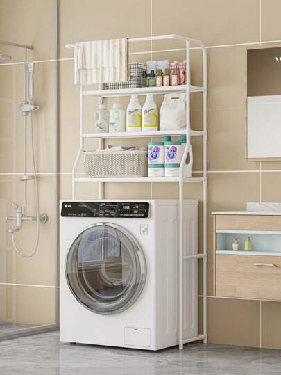 1pc 3-Tier Floor Standing Rack, Sturdy Iron Pipe, High Capacity Storage Shelf For Bathroom, Laundry Room, No Drilling Required