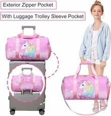 Dafelile Bolsa de lona deportiva para niñas, bolsa de baile para adolescentes, bolsa de viaje para llevar a cabo el fin de semana para pasar la noche, bolsa de gimnasio, bolsa de ballet de viaje con - Bolsa de ballet de unicornio rosa - Ver 5