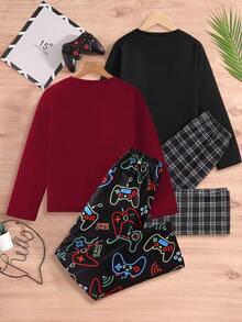 时尚休闲男童家居服4件套，2件圆领长袖上衣，上面印有“Hi”字样和游戏机字母，搭配2条黑白格纹满印游戏机直筒裤，多件组合，面料舒适，适合居家穿着和遛狗 - 彩色 - 查看 2