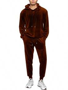 Mens 2 Piece Velour Hoodie Tracksuit Long Sleeve Velvet Hooded Pullover Casual Athletic Jogging Sweatsuit Set-2025 - 棕色 - 查看 1