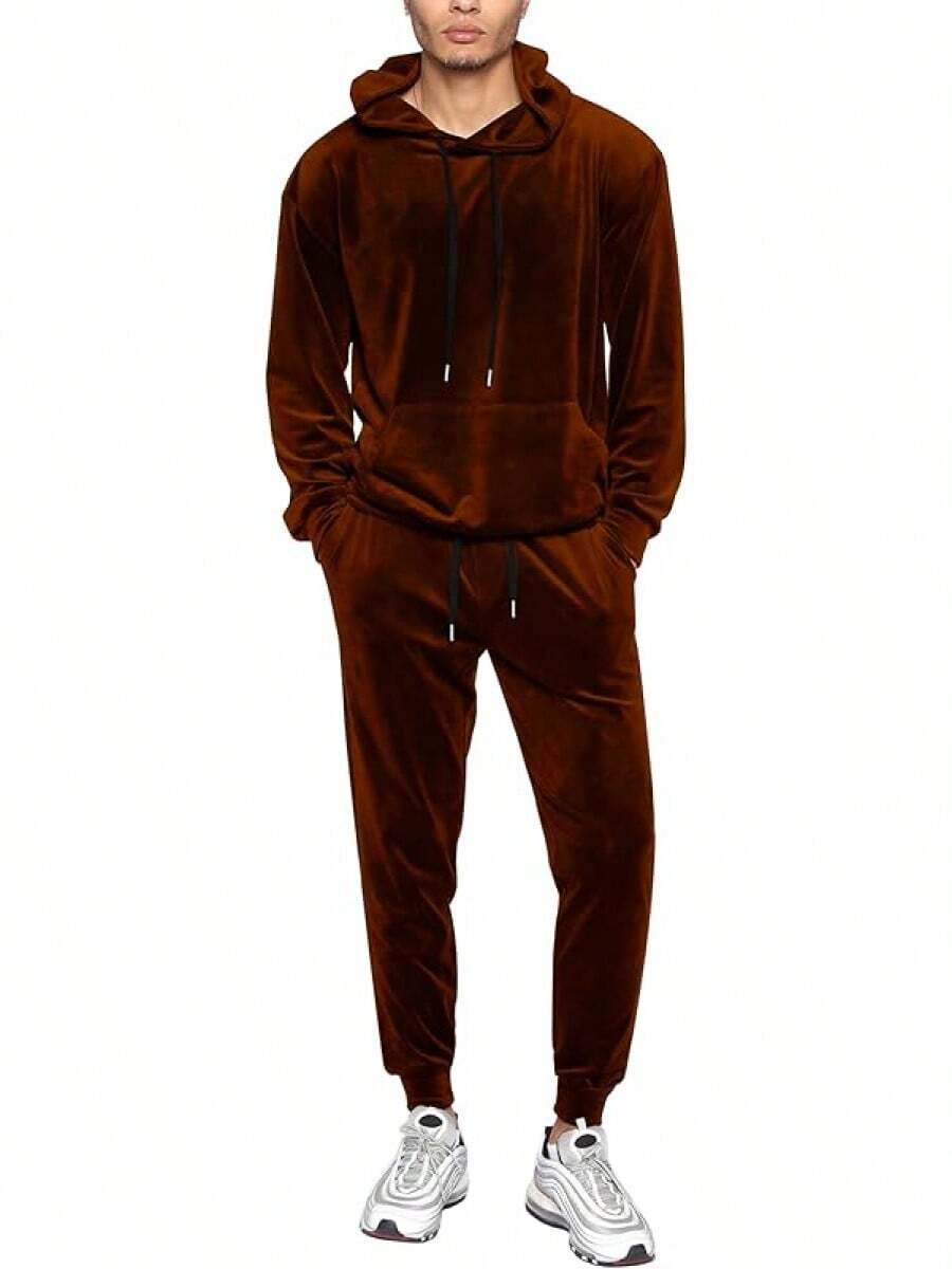 Mens 2 Piece Velour Hoodie Tracksuit Long Sleeve Velvet Hooded Pullover Casual Athletic Jogging Sweatsuit Set-2025 - 棕色 - 查看 1