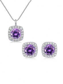 1 Set Genuine 925 Sterling Silver Amethyst Purple Cubic Zirconia Engagement Pendant Necklace Jewelry Set For Women, Festival/Anniversary Gift - Purple - View 9