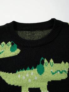 Suéter masculino casual folgado de cor sólida com estampa fofa de crocodilo e letras, ideal para outono e inverno.