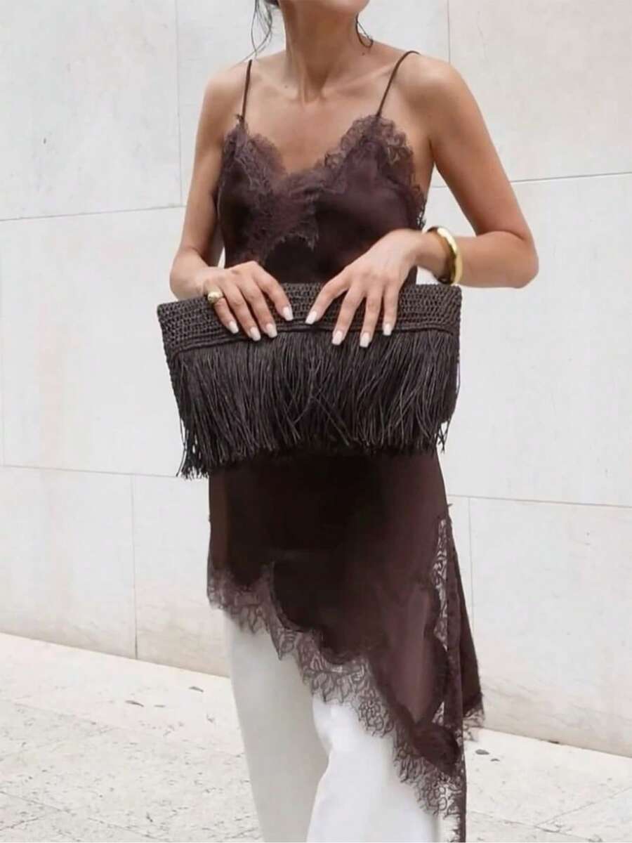 Women Lace Trim Satin High Low Tops Silk Spaghetti Strap Side Split Asymmetrical Cami Top Y2k Patchwork Irregular Hem Flowy Silky Layering Tops Coquette Going Out Party Undershirt Blouse Camisole Tops Streetwear - 棕色 - 查看 1