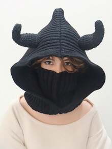 1 Piece Ladies' Hat Devil Horns Knitted Hooded Hat - Black With Red Horns, Unisex Novelty Costume Accessory Soft And Warm, Fall / Winter