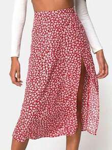 Rosa Lunares Impreso Cintura Alta Estiramiento Envoltura Cadera Split Falda Larga Halter Falda lápiz elástica de cintura alta con estampado de lunares y abertura, falda larga evasé con estampado de leopardo Faldas de Mujer - Rosa Roja - Ver 7