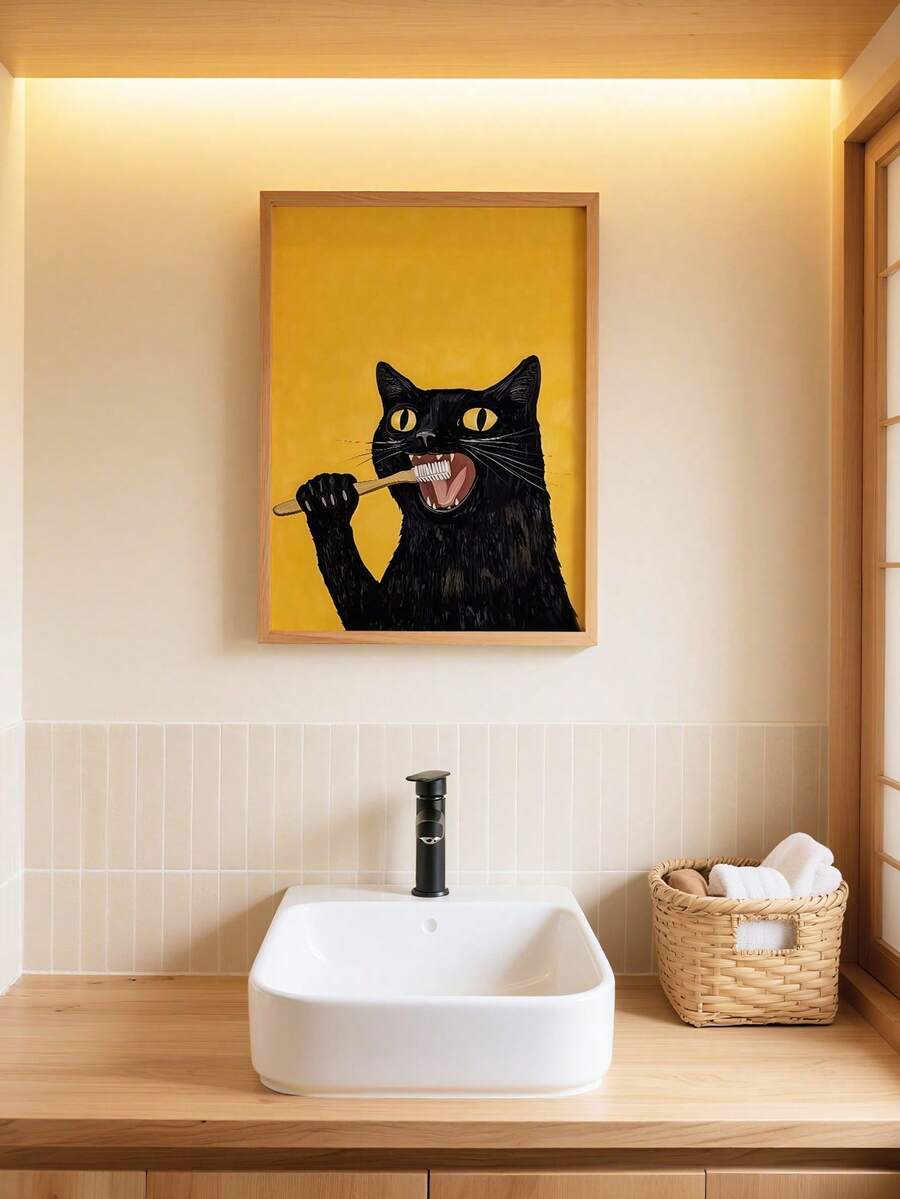 1 幅黑猫艺术海报趣味动物挂画美学艺术印刷品简约装饰画墙面艺术复古墙面印刷品厕所墙壁艺术品浴室墙壁装饰无框 - 黑色 - 查看 1