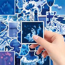 50 pièces Autocollants décoratifs rétro de science-fiction esthétique bleu basse résolution pour scrapbooking, journaux, tasses