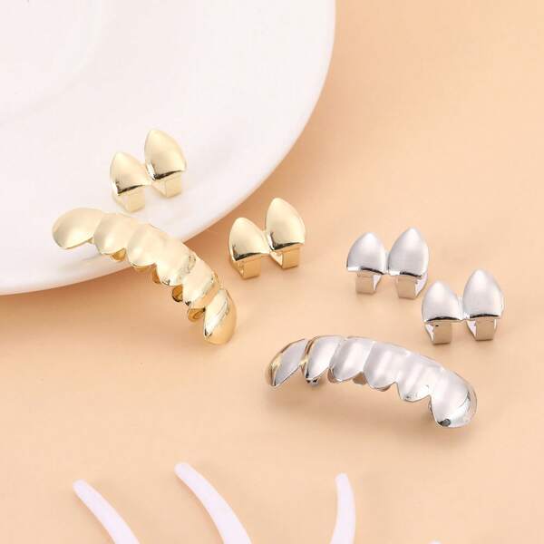 1 Set modische Zahngrillz, glatte doppelte Zähne oben & 6 Zähne unten Hip Hop Dental Grillz, verstellbare Größe, geeignet für den täglichen Gebrauch, Partys, unisex, Bühnenzubehör