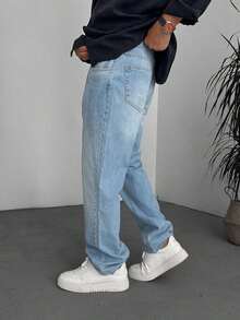 leev 直筒牛仔裤，棉质斜口袋水洗牛仔布，个性百搭宽腿水洗牛仔布，情侣装宽松直筒版型