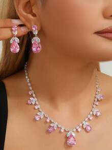 1 Set Pink & White Zirconia Embedded Necklace & Earrings Jewelry Set, Gorgeous Design With Teardrop Gemstones, Suitable For Formal Occasions Like Gala, Wedding (Assorted Colored Crystals)