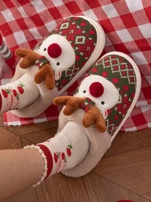 Pantuflas unisex lindas de reno navideño con suela gruesa y cálida, pantuflas de felpa para interiores/exteriores con estampados aleatorios, para otoño/invierno