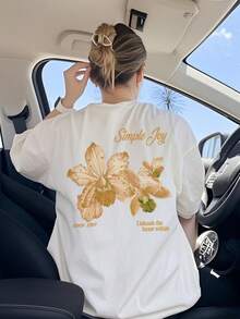 This Colorful Letter & Floral Print Round Neck T-Shirt For Women Is Fashionable And Versatile. The Graphic Tee Comes In White And Pink, Suitable For Vacation Wear. - White - View 6