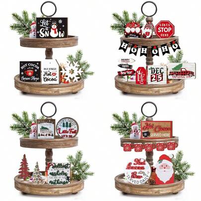 مجموعة ديكورات عيد الميلاد الريفية لطاولة متعددة الطبقات من الخشب للاحتفال بعيد الميلاد والأعياد الشتوية، مصممة بشكل سانتا كلوز وزومبي عيد الميلاد وشجرة عيد الميلاد، لافتات خشبية صغيرة بطراز عيد الميلاد الريفي لديكور مطبخ وطاولة القهوة (بدون صينية)
