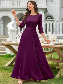 MIUSOL Đầm maxi dự tiệc trang trọng tay lửng 3/4 bằng chiffon, cổ tròn, ren hoa, thanh lịch dành cho nữ, đầm dạ hội, đầm dự đám cưới, đầm tốt nghiệp, đầm dạ tiệc, đầm dự tiệc trang trọng. - Màu Tím - Xem 6