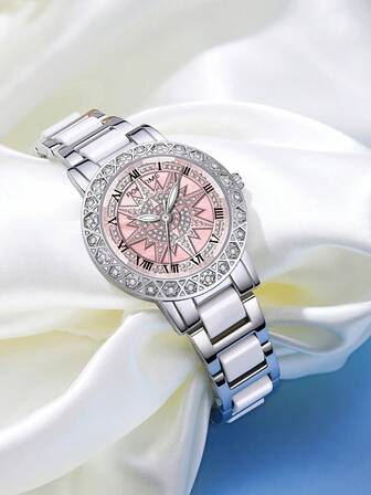 GUANQIN 1pc Waterproof Luminous Watch For Women With Snowflake Design Rotating Rhinestones Dial Wear-Resistant Stainless Steel Ceramic Strap Fashion Business Luxury Sporty Classic Simple Casual Mechanical Style Women Automatic Quartz Watch Suitable For Halloween, Christmas,Mother's Day,Students,Festivals,Dating,Business, Daily,Gifts