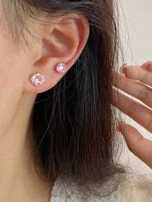 2pcs 3/4/5/6/7mm Pink Cubic Zirconia Earrings, Lightweight Luxury For Women's Daily Wear