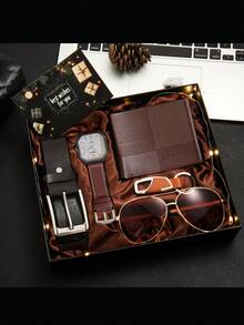 7-Piece Men's Fashion Classic Gift Set, Includes Watch, Wallet, Hair Trimmer, Glasses, Keychain, Atmosphere LED Light, Greeting Card & Gift Box, Perfect Birthday, Father's Day Gift And Daily Accessories - Brown - View 2