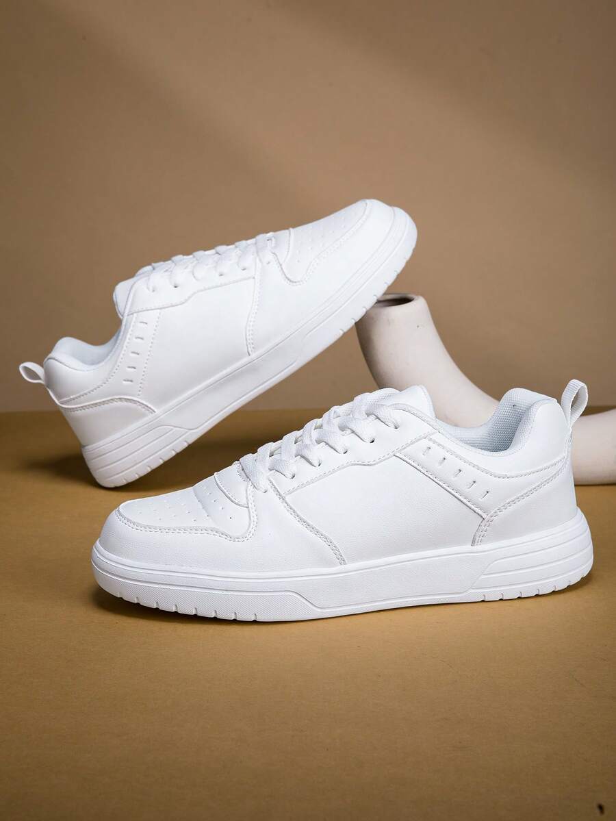 大码男士轻便休闲运动鞋 - 防滑 EVA 鞋底，纯色超细纤维鞋面和织物衬里，圆头系带设计，厚底休闲运动鞋，适合户外、校园、派对、度假、街头、滑板，简约百搭的鞋子 - 白色 - 查看 1