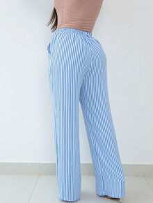Wide Leg Striped Elastic Palazzo Pants With Pockets - Blue - View 3