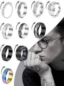 CIZME 3 件装旋转环，缓解焦虑，不锈钢抗焦虑环，可旋转旋转环，清凉减压，男女通用，尺寸 6/7/8/9/10 - 多色-3pcs - 查看 1