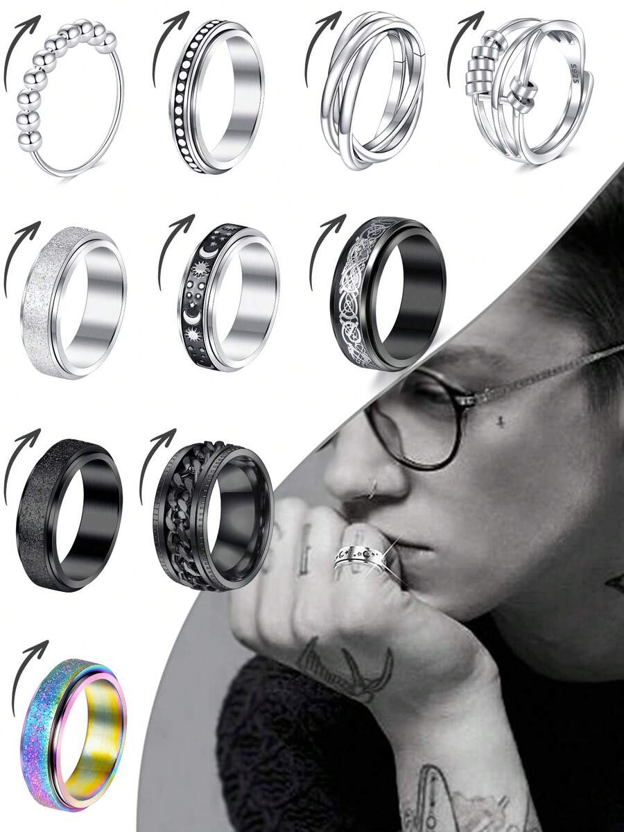 CIZME 3 件装旋转环，缓解焦虑，不锈钢抗焦虑环，可旋转旋转环，清凉减压，男女通用，尺寸 6/7/8/9/10 - 多色-3pcs - 查看 1