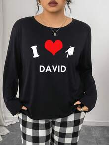 Áo ngủ dài tay họa tiết 'I Love You' cỡ lớn tùy chỉnh dành cho nữ, mặc ở nhà, ấm áp, mùa thu và đông - màu đen - Xem 2