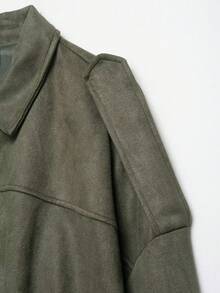 Chaqueta bomber de mujer 2025 de unicolor con textura de ante en el cuello, ajuste holgado casual de manga larga con cremallera