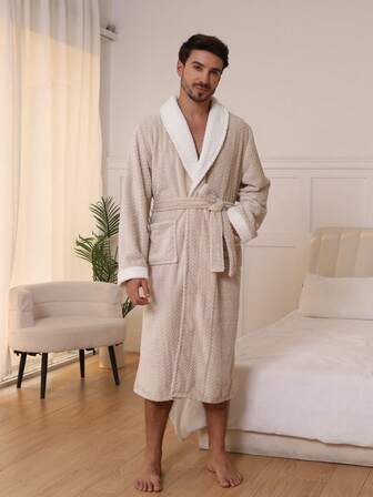 Men 1pc Loose Fit Thickened Elegant Contrast Color Wheat Ear Jacquard Comfortable Long Sleeve Unisex Flannel Fluffy Robe With Shawl Neck, Fall Winter, Cozy