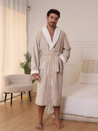 Men 1pc Loose Fit Thickened Elegant Contrast Color Wheat Ear Jacquard Comfortable Long Sleeve Unisex Flannel Fluffy Robe With Shawl Neck, Fall Winter, Cozy