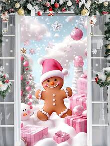 Copertura per porta natalizia da 90x180cm in poliestere rosa a tema natalizio festivo con caramelle pan di zenzero, per decorazioni interne ed esterne, feste e vacanze