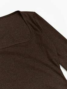 Đầm dài tay cổ vuông gợi cảm cỡ lớn dành cho nữ, Đầm dài đơn sắc thường ngày tôn dáng, Đầm năm mới - màu nâu - Xem 5