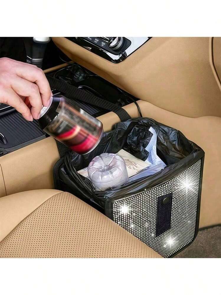 1 件黑色皮革汽车垃圾桶，带白色水钻，可折叠时尚设计，大容量汽车垃圾桶，汽车内部垃圾整理器，耐用皮革材质，易于清洁，汽车装饰配件 - 黑色 - 查看 6