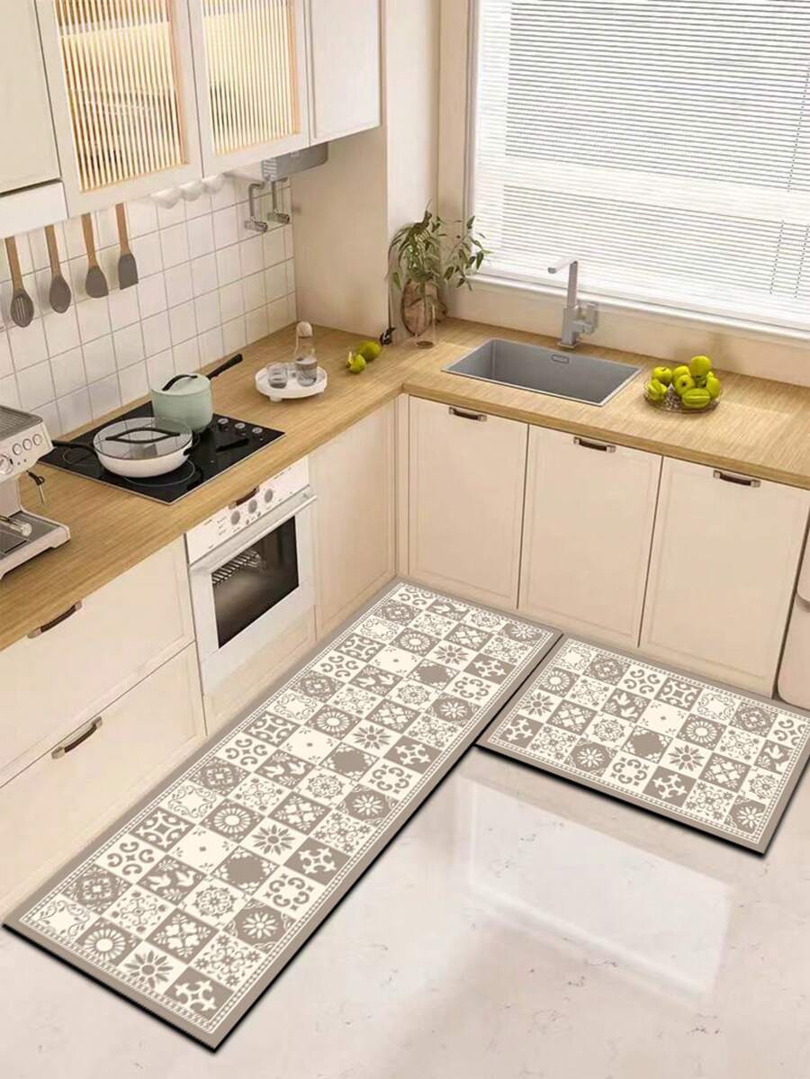 1pc Silica Gel Kitchen Mat, Vintage Mosaic Pattern, Gray & White Color Scheme, Composed Of Various Small Squares With Floral, Geometric Patterns, Classic Elegant Retro Style, Luxury Fashion Kitchen Carpet, Anti-Fatigue